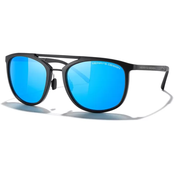 MERRYS Square Polarized Sunglasses for Men Women Vintage Double Bridge Sunglasses Mirrored LensMatte Black FrameMatte Black BridgeSky Blue Mirror Lens
