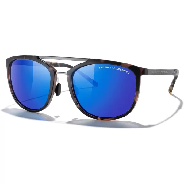 MERRYS Square Polarized Sunglasses for Men Women Vintage Double Bridge Sunglasses Mirrored LensTortoise FrameGray BridgeBlue Mirror Lens