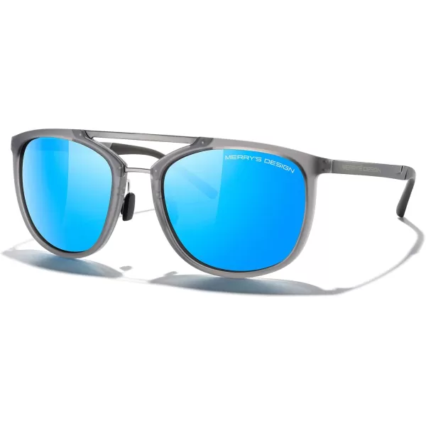 MERRYS Square Polarized Sunglasses for Men Women Vintage Double Bridge Sunglasses Mirrored LensTra Gray FrameGray BridgeSky Blue Mirror Lens