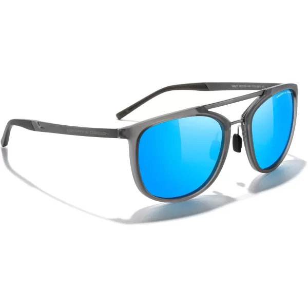 MERRYS Square Polarized Sunglasses for Men Women Vintage Double Bridge Sunglasses Mirrored LensTra Gray FrameGray BridgeSky Blue Mirror Lens