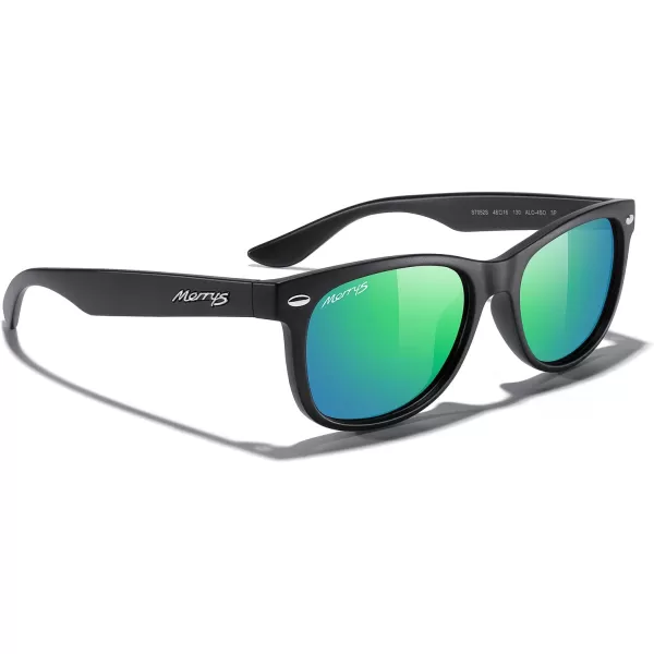 MERRYS Unisex Kids Polarized Sunglasses for kids Children Polarized Retro Sunglasses Age 312Matte Black FrameGreen Mirror Lens