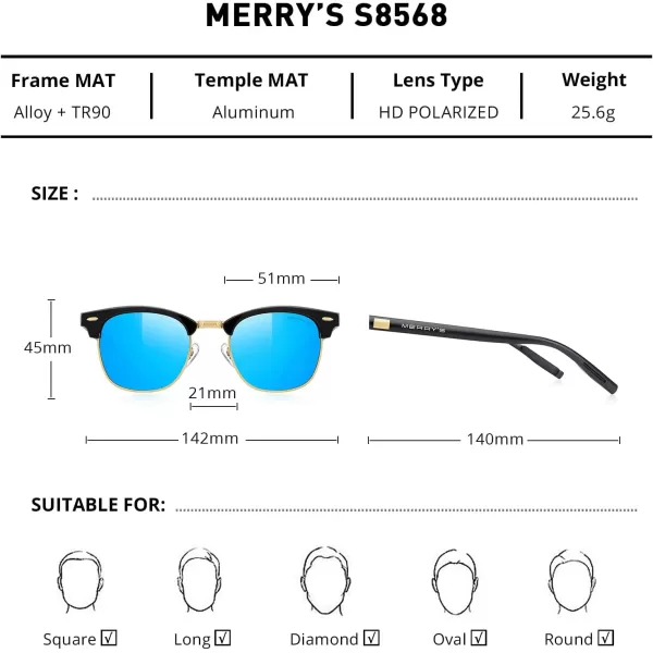 MERRYS Unisex Polarized Aluminum Sunglasses for Men Women Semi Rimless Retro Brand Driving Sun GlassesBlack FrameGold BridgeBlue Mirror Lens