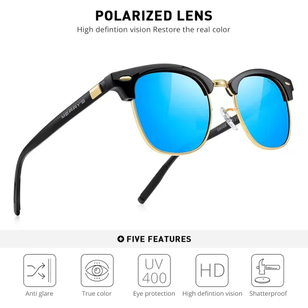 MERRYS Unisex Polarized Aluminum Sunglasses for Men Women Semi Rimless Retro Brand Driving Sun GlassesBlack FrameGold BridgeBlue Mirror Lens