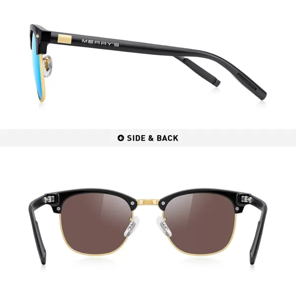 MERRYS Unisex Polarized Aluminum Sunglasses for Men Women Semi Rimless Retro Brand Driving Sun GlassesBlack FrameGold BridgeBlue Mirror Lens