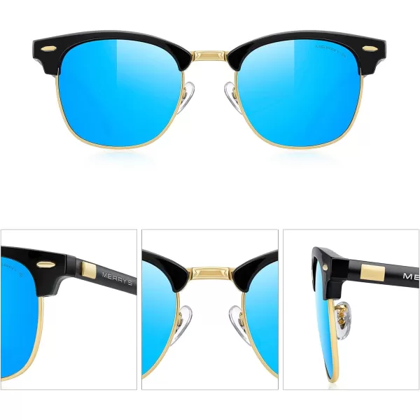 MERRYS Unisex Polarized Aluminum Sunglasses for Men Women Semi Rimless Retro Brand Driving Sun GlassesBlack FrameGold BridgeBlue Mirror Lens