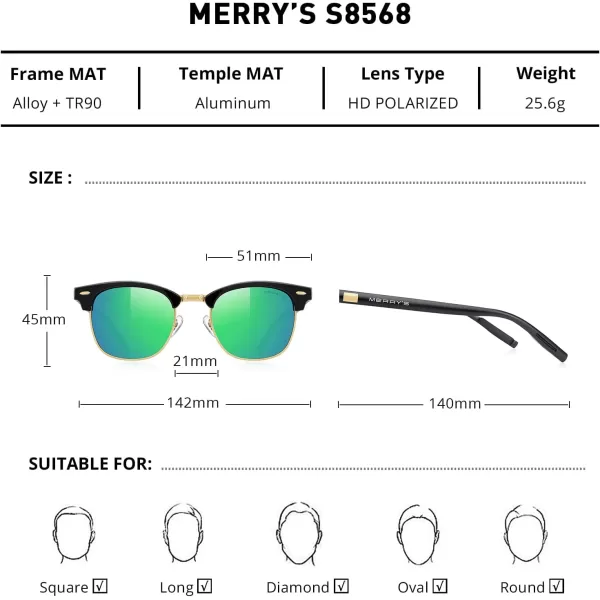 MERRYS Unisex Polarized Aluminum Sunglasses for Men Women Semi Rimless Retro Brand Driving Sun GlassesBlack FrameGold BridgeGreen Mirror Lens
