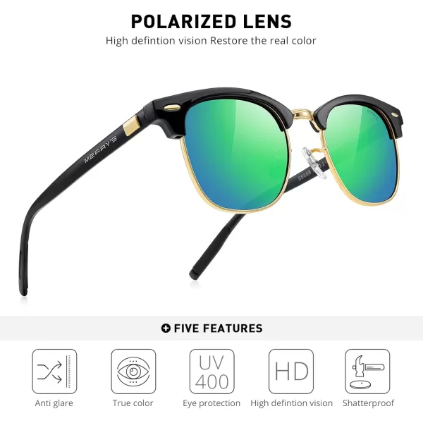 MERRYS Unisex Polarized Aluminum Sunglasses for Men Women Semi Rimless Retro Brand Driving Sun GlassesBlack FrameGold BridgeGreen Mirror Lens
