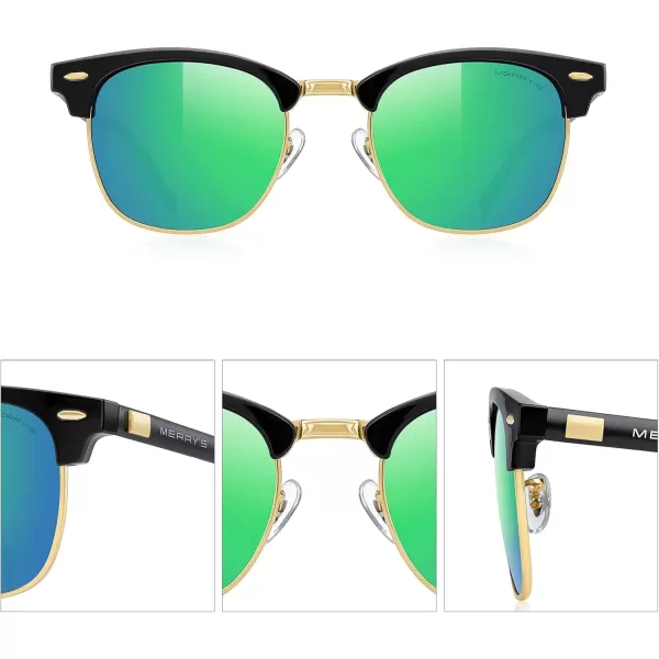 MERRYS Unisex Polarized Aluminum Sunglasses for Men Women Semi Rimless Retro Brand Driving Sun GlassesBlack FrameGold BridgeGreen Mirror Lens