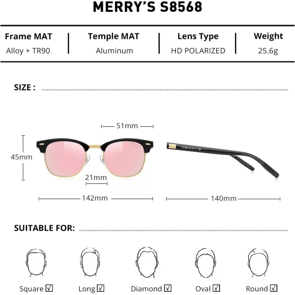 MERRYS Unisex Polarized Aluminum Sunglasses for Men Women Semi Rimless Retro Brand Driving Sun GlassesBlack FrameGold BridgePink Mirror Lens