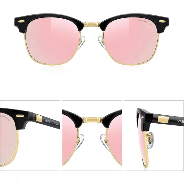 MERRYS Unisex Polarized Aluminum Sunglasses for Men Women Semi Rimless Retro Brand Driving Sun GlassesBlack FrameGold BridgePink Mirror Lens