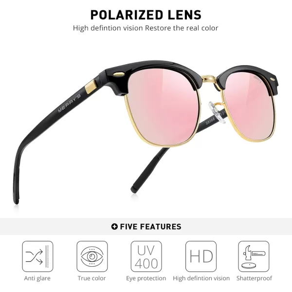 MERRYS Unisex Polarized Aluminum Sunglasses for Men Women Semi Rimless Retro Brand Driving Sun GlassesBlack FrameGold BridgePink Mirror Lens