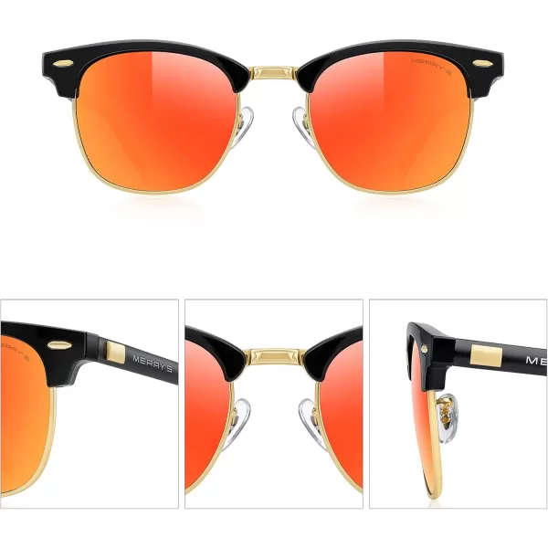 MERRYS Unisex Polarized Aluminum Sunglasses for Men Women Semi Rimless Retro Brand Driving Sun GlassesBlack FrameGold BridgeRed Mirror Lens