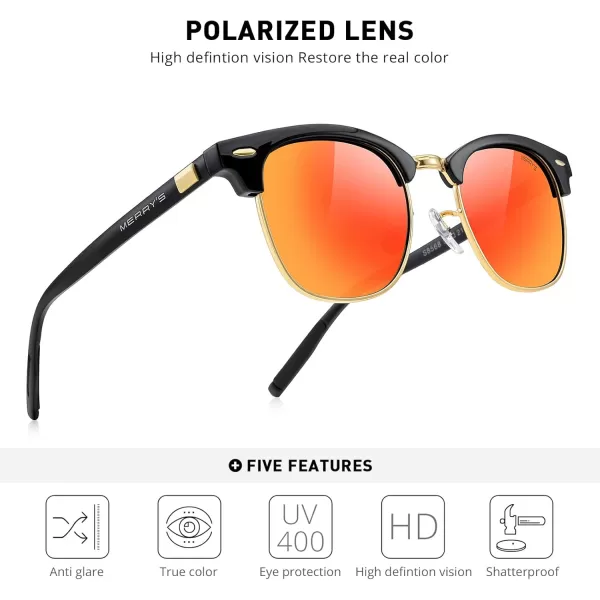 MERRYS Unisex Polarized Aluminum Sunglasses for Men Women Semi Rimless Retro Brand Driving Sun GlassesBlack FrameGold BridgeRed Mirror Lens