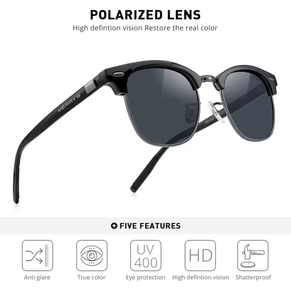 MERRYS Unisex Polarized Aluminum Sunglasses for Men Women Semi Rimless Retro Brand Driving Sun GlassesBlack FrameGray BridgeBlack Lens