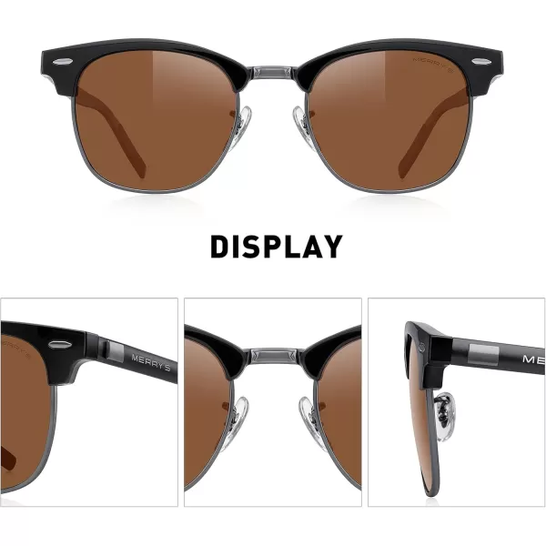 MERRYS Unisex Polarized Aluminum Sunglasses for Men Women Semi Rimless Retro Brand Driving Sun GlassesBlack FrameGray BridgeBrown Lens