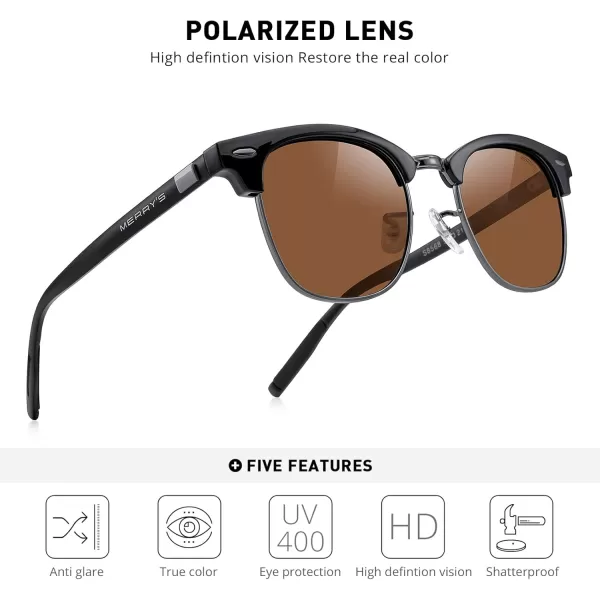 MERRYS Unisex Polarized Aluminum Sunglasses for Men Women Semi Rimless Retro Brand Driving Sun GlassesBlack FrameGray BridgeBrown Lens