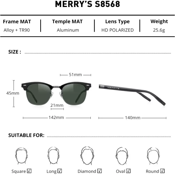 MERRYS Unisex Polarized Aluminum Sunglasses for Men Women Semi Rimless Retro Brand Driving Sun GlassesBlack FrameGray BridgeG15 Lens