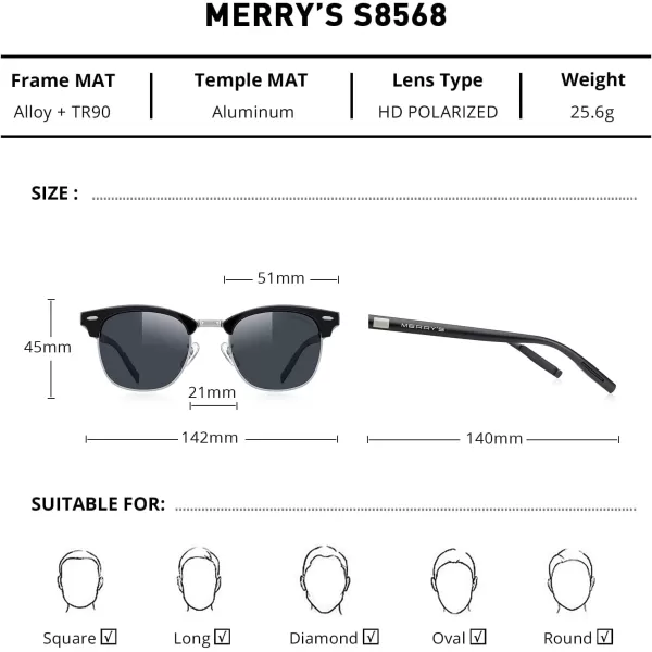 MERRYS Unisex Polarized Aluminum Sunglasses for Men Women Semi Rimless Retro Brand Driving Sun GlassesBlack FrameSilver BridgeBlack Lens