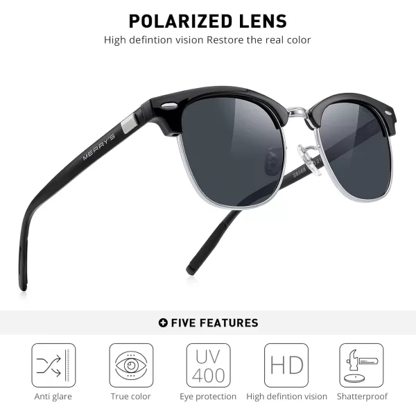 MERRYS Unisex Polarized Aluminum Sunglasses for Men Women Semi Rimless Retro Brand Driving Sun GlassesBlack FrameSilver BridgeBlack Lens