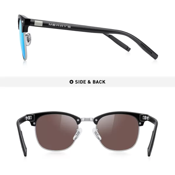MERRYS Unisex Polarized Aluminum Sunglasses for Men Women Semi Rimless Retro Brand Driving Sun GlassesBlack FrameSilver BridgeBlue Mirror Lens