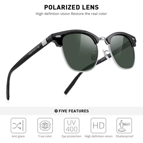 MERRYS Unisex Polarized Aluminum Sunglasses for Men Women Semi Rimless Retro Brand Driving Sun GlassesBlack FrameSilver BridgeG15 Lens