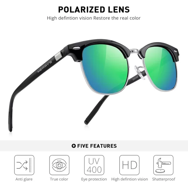 MERRYS Unisex Polarized Aluminum Sunglasses for Men Women Semi Rimless Retro Brand Driving Sun GlassesBlack FrameSilver BridgeGreen Mirror Lens