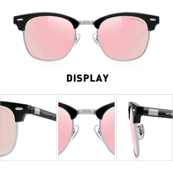 MERRYS Unisex Polarized Aluminum Sunglasses for Men Women Semi Rimless Retro Brand Driving Sun GlassesBlack FrameSilver BridgePink Mirror Lens