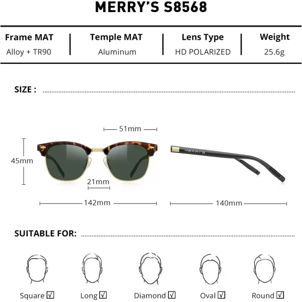 MERRYS Unisex Polarized Aluminum Sunglasses for Men Women Semi Rimless Retro Brand Driving Sun GlassesLeopard FrameGold BridgeG15 Lens