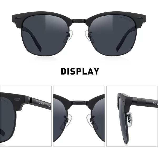 MERRYS Unisex Polarized Aluminum Sunglasses for Men Women Semi Rimless Retro Brand Driving Sun GlassesMatte Black FrameMatte Black BridgeBlack Lens