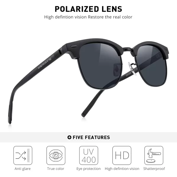 MERRYS Unisex Polarized Aluminum Sunglasses for Men Women Semi Rimless Retro Brand Driving Sun GlassesMatte Black FrameMatte Black BridgeBlack Lens