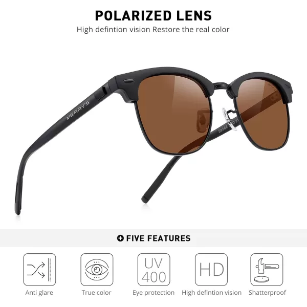 MERRYS Unisex Polarized Aluminum Sunglasses for Men Women Semi Rimless Retro Brand Driving Sun GlassesMatte Black FrameMatte Black BridgeBrown Lens
