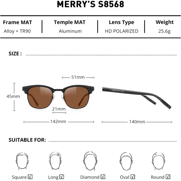 MERRYS Unisex Polarized Aluminum Sunglasses for Men Women Semi Rimless Retro Brand Driving Sun GlassesMatte Black FrameMatte Black BridgeBrown Lens