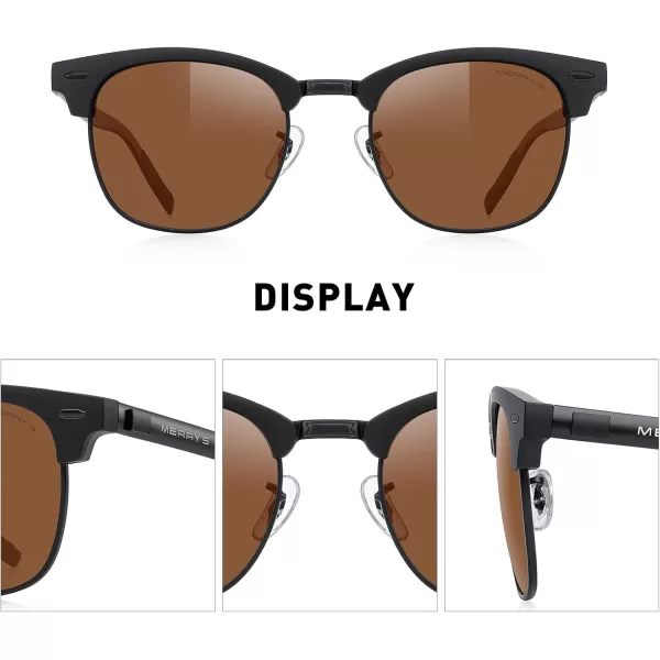 MERRYS Unisex Polarized Aluminum Sunglasses for Men Women Semi Rimless Retro Brand Driving Sun GlassesMatte Black FrameMatte Black BridgeBrown Lens