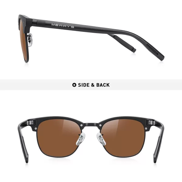 MERRYS Unisex Polarized Aluminum Sunglasses for Men Women Semi Rimless Retro Brand Driving Sun GlassesMatte Black FrameMatte Black BridgeBrown Lens
