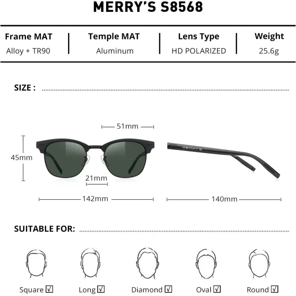 MERRYS Unisex Polarized Aluminum Sunglasses for Men Women Semi Rimless Retro Brand Driving Sun GlassesMatte Black FrameMatte Black BridgeG15 Lens