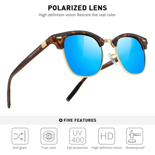 MERRYS Unisex Polarized Aluminum Sunglasses for Men Women Semi Rimless Retro Brand Driving Sun GlassesMatte Leopard FrameGold BridgeBlue Mirror Lens