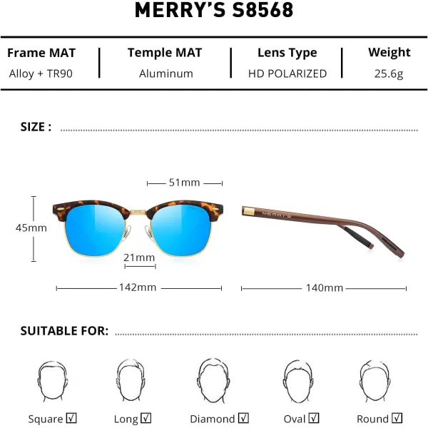 MERRYS Unisex Polarized Aluminum Sunglasses for Men Women Semi Rimless Retro Brand Driving Sun GlassesMatte Leopard FrameGold BridgeBlue Mirror Lens