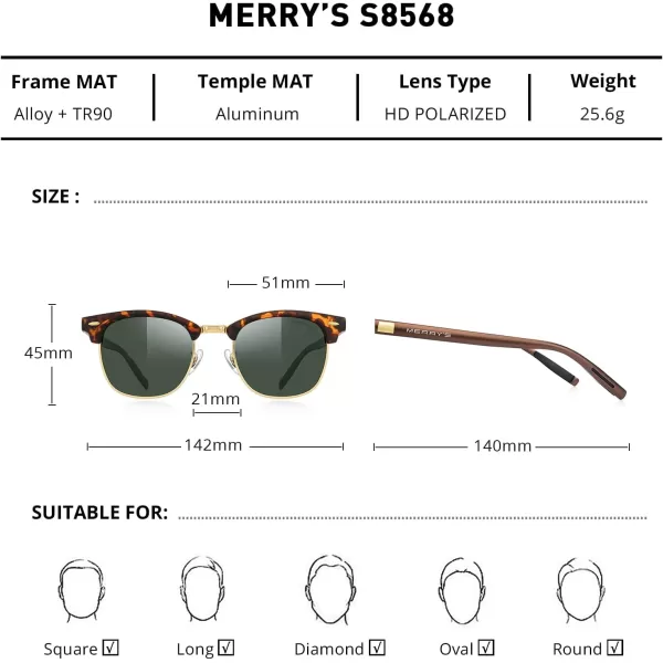 MERRYS Unisex Polarized Aluminum Sunglasses for Men Women Semi Rimless Retro Brand Driving Sun GlassesMatte Leopard FrameGold BridgeG15 Lens