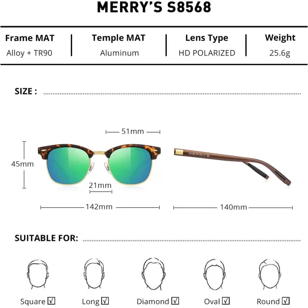 MERRYS Unisex Polarized Aluminum Sunglasses for Men Women Semi Rimless Retro Brand Driving Sun GlassesMatte Leopard FrameGold BridgeGreen Mirror Lens