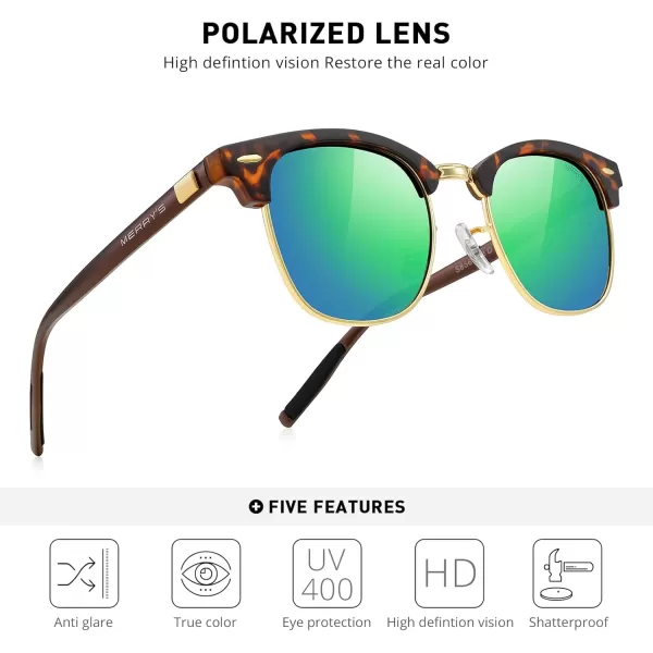 MERRYS Unisex Polarized Aluminum Sunglasses for Men Women Semi Rimless Retro Brand Driving Sun GlassesMatte Leopard FrameGold BridgeGreen Mirror Lens