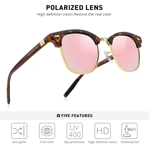 MERRYS Unisex Polarized Aluminum Sunglasses for Men Women Semi Rimless Retro Brand Driving Sun GlassesMatte Leopard FrameGold BridgePink Mirror Lens