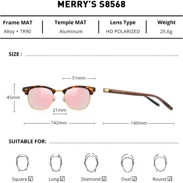 MERRYS Unisex Polarized Aluminum Sunglasses for Men Women Semi Rimless Retro Brand Driving Sun GlassesMatte Leopard FrameGold BridgePink Mirror Lens