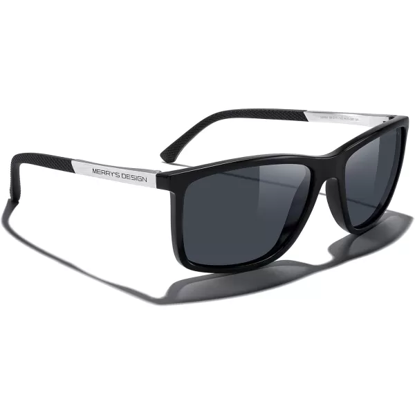 MERRYS Unisex Rectangle Polarized Sunglasses For Fishing Driving Golf Aluminum Temple S8658Black FrameBlack LensSilver Temples