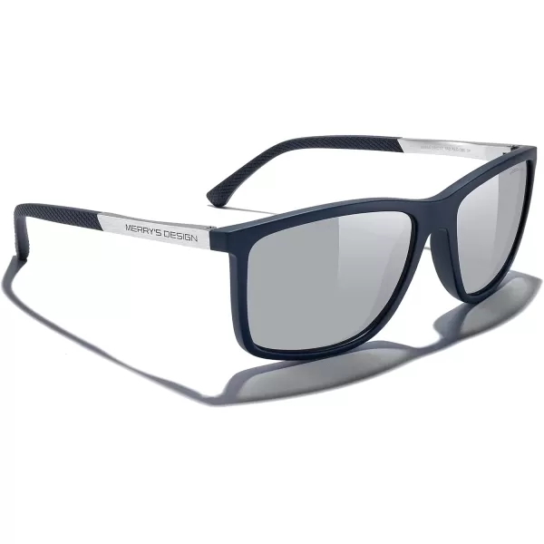 MERRYS Unisex Rectangle Polarized Sunglasses For Fishing Driving Golf Aluminum Temple S8658Blue FrameSilver Mirror LensSilver Temples