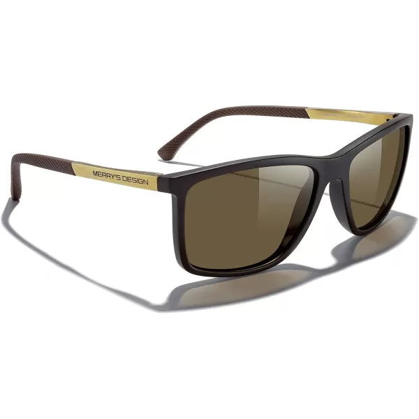 MERRYS Unisex Rectangle Polarized Sunglasses For Fishing Driving Golf Aluminum Temple S8658Brown FrameBrown LensGold Temples