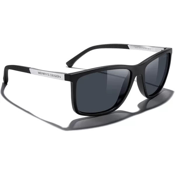 MERRYS Unisex Rectangle Polarized Sunglasses For Fishing Driving Golf Aluminum Temple S8658Matte Black FrameBlack LensSilver Temples