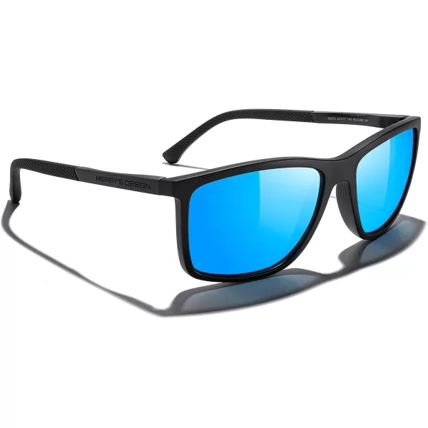 MERRYS Unisex Rectangle Polarized Sunglasses For Fishing Driving Golf Aluminum Temple S8658Matte Black FrameBlue Mirror LensBlack Temples