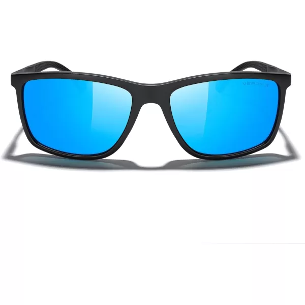 MERRYS Unisex Rectangle Polarized Sunglasses For Fishing Driving Golf Aluminum Temple S8658Matte Black FrameBlue Mirror LensBlack Temples