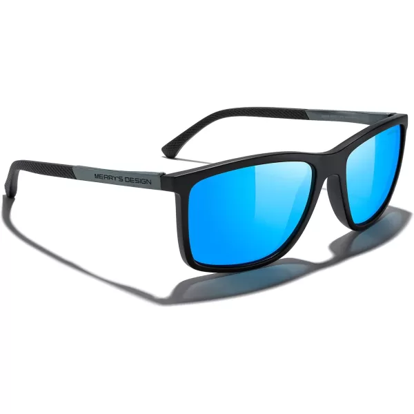 MERRYS Unisex Rectangle Polarized Sunglasses For Fishing Driving Golf Aluminum Temple S8658Matte Black FrameBlue Mirror LensGrey Temples