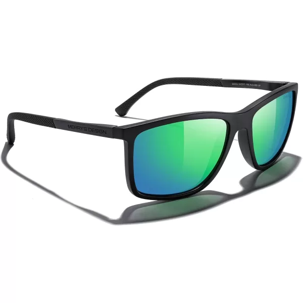 MERRYS Unisex Rectangle Polarized Sunglasses For Fishing Driving Golf Aluminum Temple S8658Matte Black FrameGreen Mirror LensBlack Temples